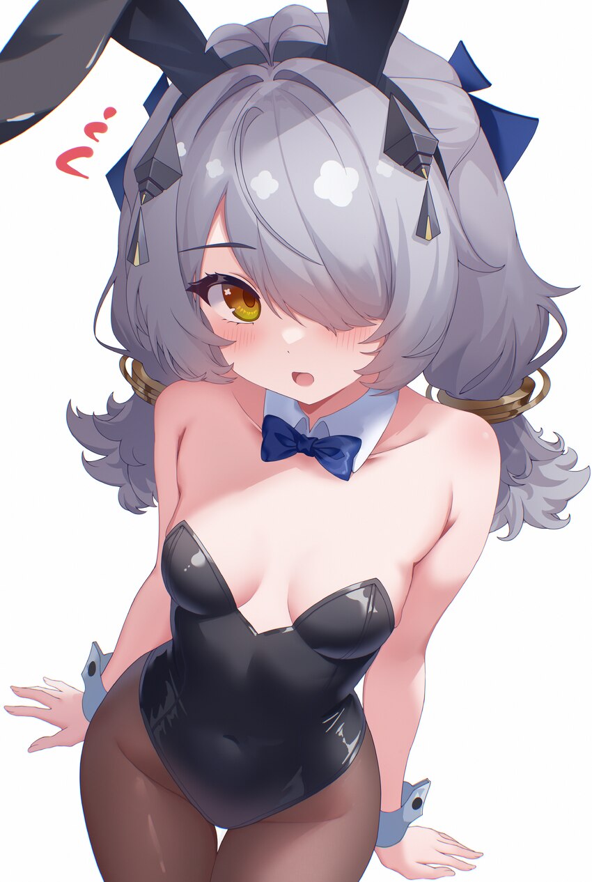 1girl absurdres ahoge animal ears bare shoulders black leotard black pantyhose blue bow blue bowtie blush bow bowtie breasts commentary request conne…