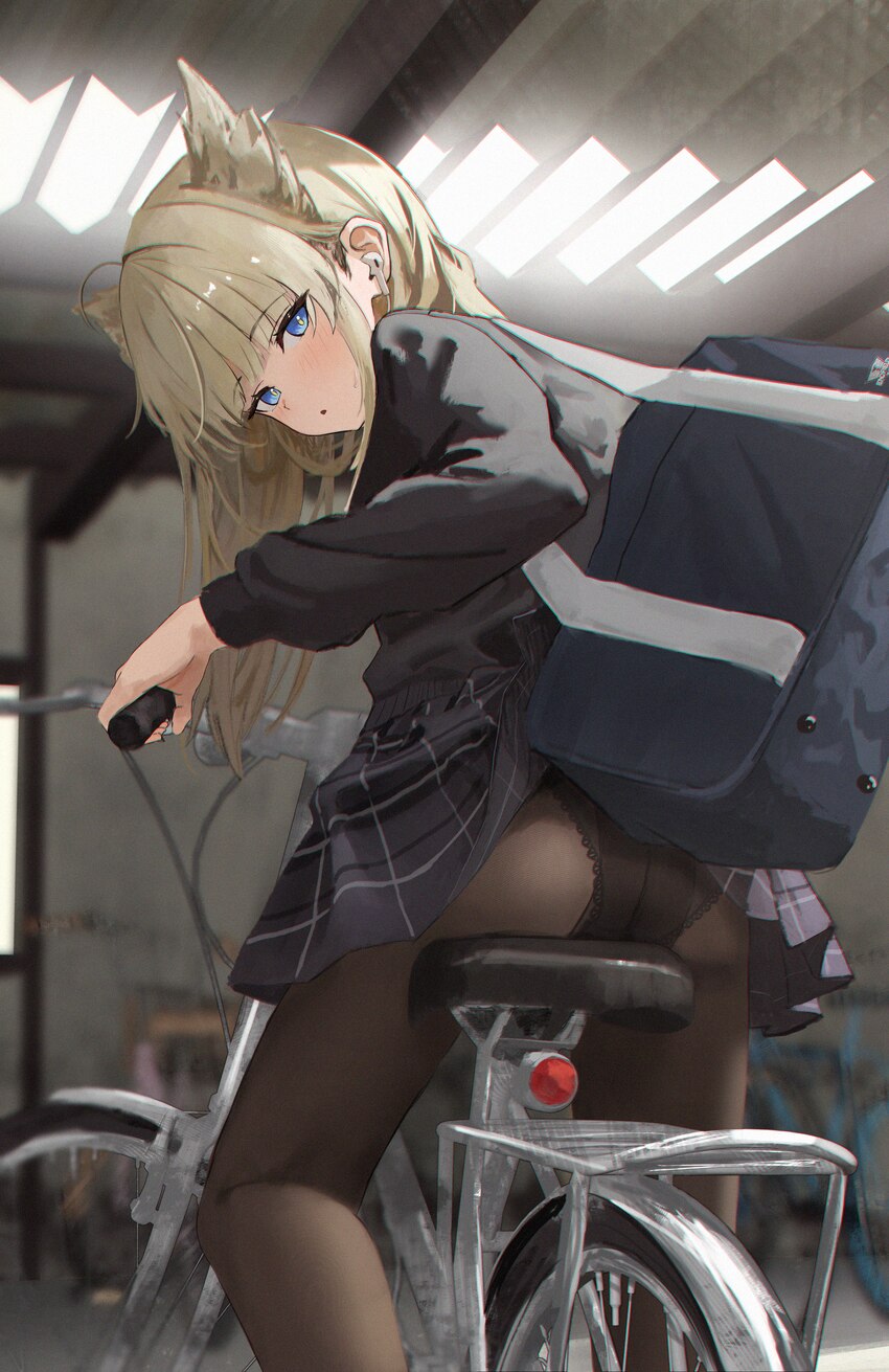 1girl absurdres accidental exposure alternate costume animal ears arknights arknights  endfield bag bicycle bird ears bird girl black panties black p…