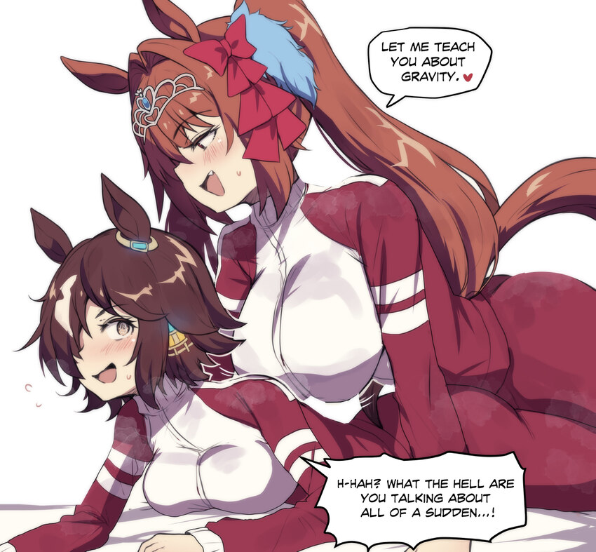 2girls absurdres alternate breast size (larger) animal ears blush bow breasts brown hair commentary daiwa scarlet (umamusume) dry humping english com…