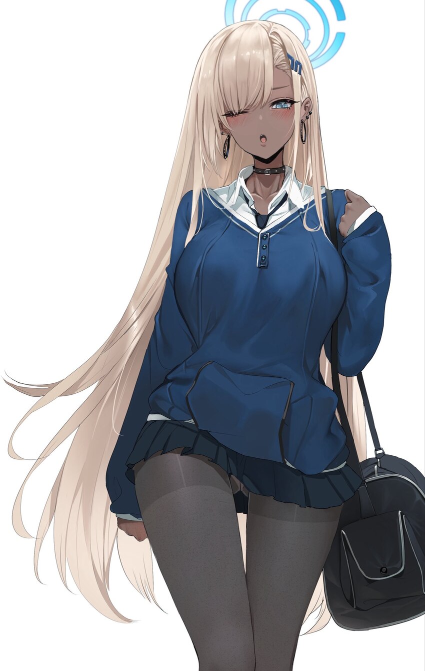 1girl alternate skin color ass visible through thighs asuna (blue archive) bag black choker blonde hair blue archive blue eyes blue halo blue sweater…