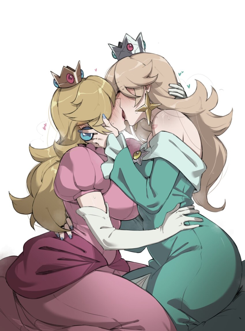 2girls bare shoulders blonde hair blue nails blush breasts commentary crown dress earrings elbow gloves english commentary fingernails french kiss gl…