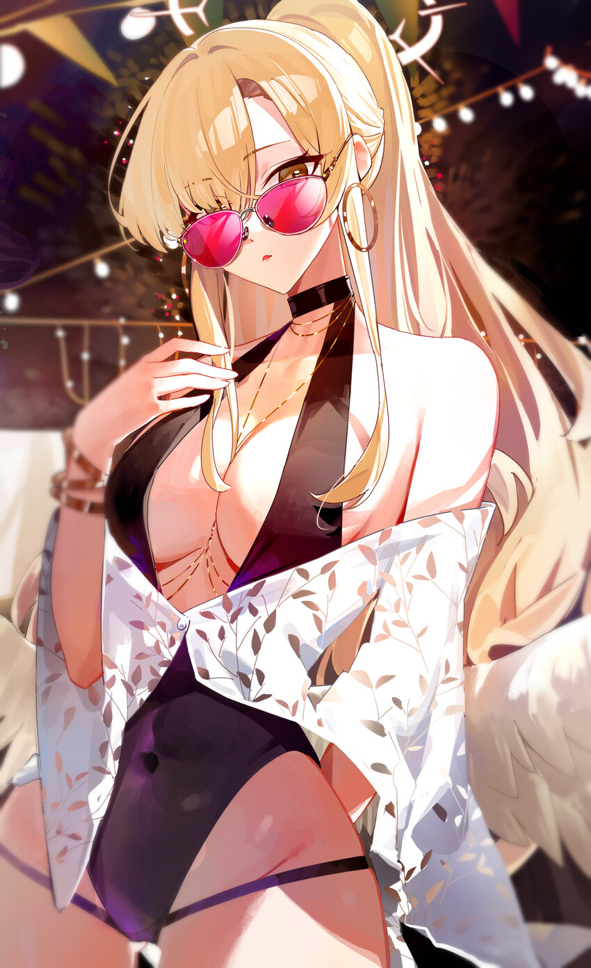 1girl absurdres bare shoulders black one-piece swimsuit blonde hair blue archive breasts brown eyes chinese commentary chongchongbao mushi cleavage c…