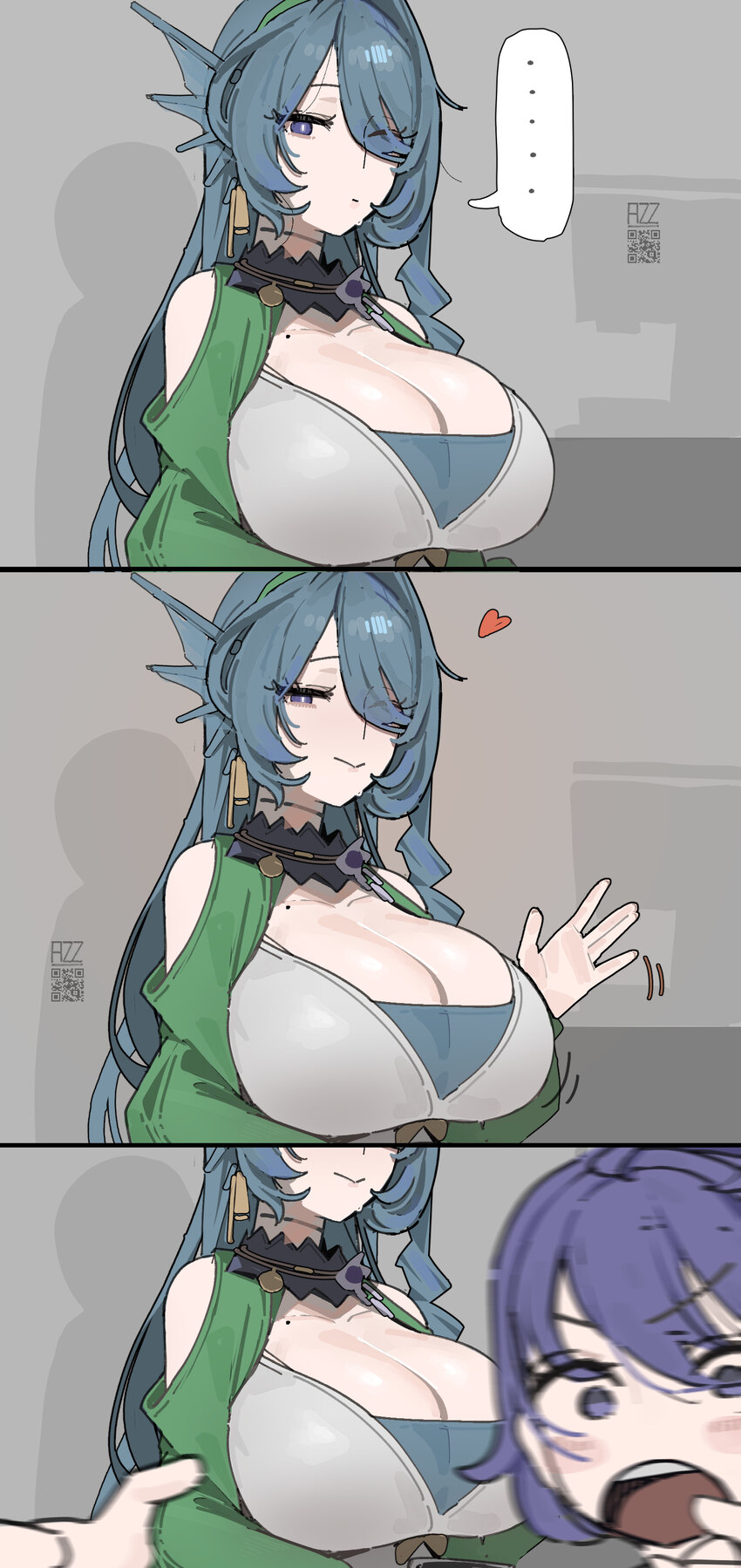 ... 2girls 3koma absurdres azz0422 belle (zenless zone zero) blue eyes breasts cecilia (zenless zone zero) character request cleavage closed mouth co…