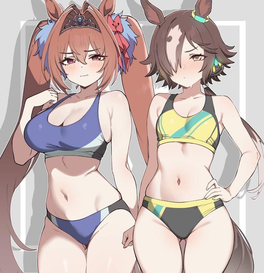2girls absurdres animal ears ass visible through thighs bare arms bare shoulders black buruma blue buruma blue sports bra blush breasts brown hair br…