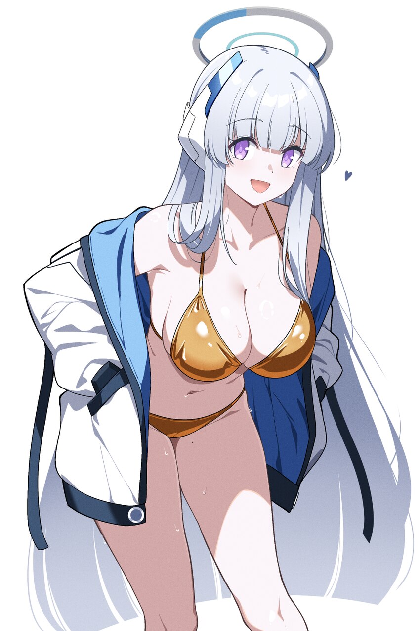 1girl absurdres bare shoulders bikini blue archive blush breasts cleavage commentary english commentary feet out of frame gold bikini golden week hal…