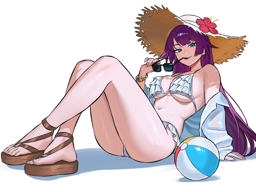 1girl arm support ball bangle bare legs bare shoulders beachball bikini blue eyes bracelet breasts collared shirt commentary commission crossed ankle…