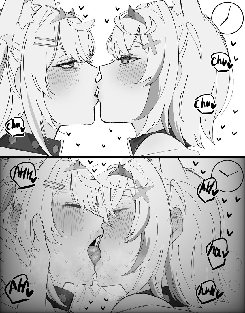 2girls animal ears blush carrot 011 clock collar commentary dog ears ear blush english commentary eye contact fake horns french kiss fuwawa abyssgard…