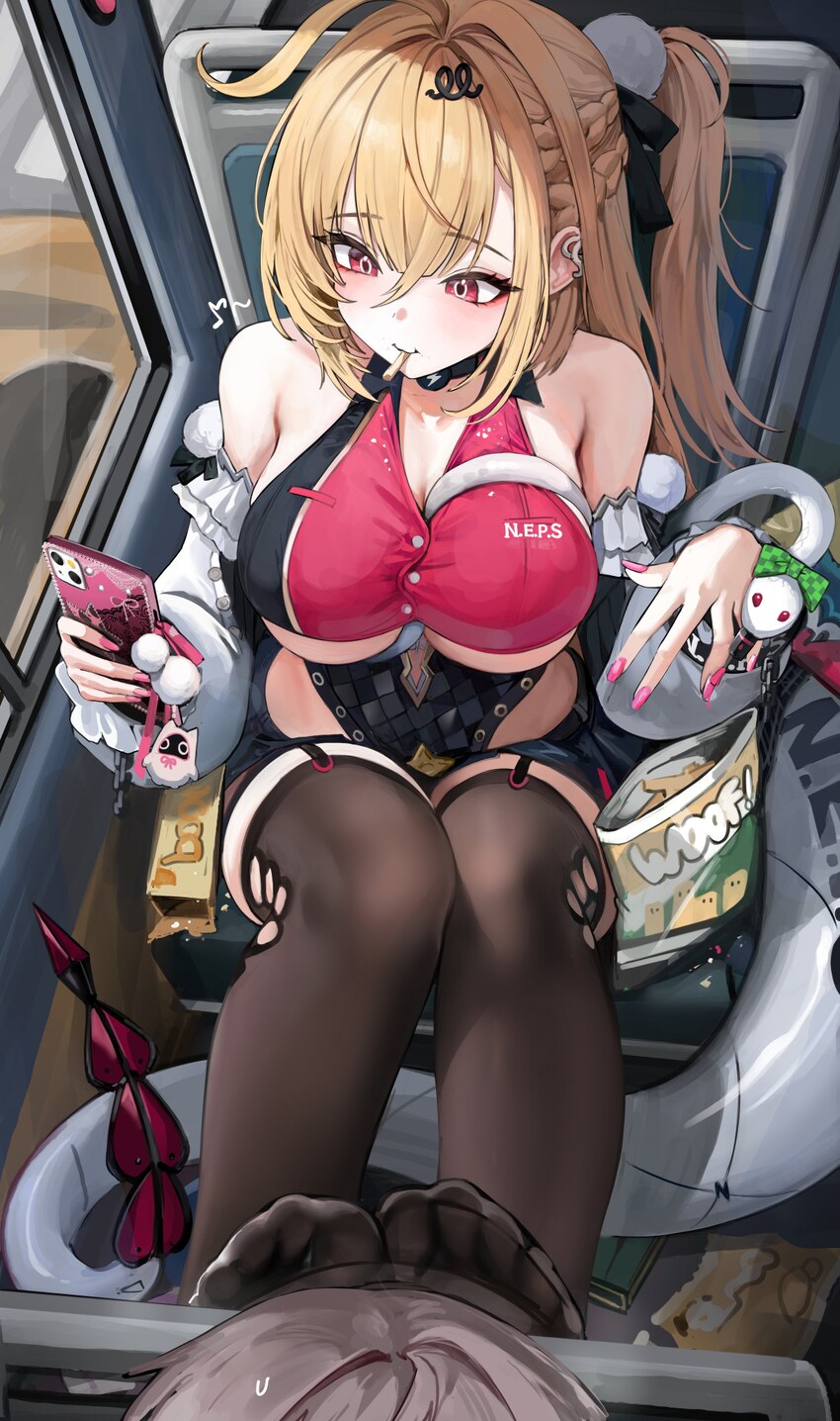 1girl 1other absurdres ahoge black thighhighs blonde hair breasts bus interior cellphone chalky (zenless zone zero) cissia (zenless zone zero) commen…