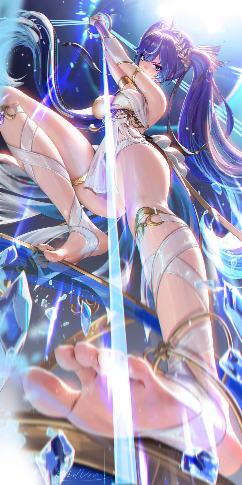 1girl ancient greek clothes bare shoulders barefoot blue eyes blue hair bow (weapon) breasts commentary feet gold bra greco-roman clothes highres iun…