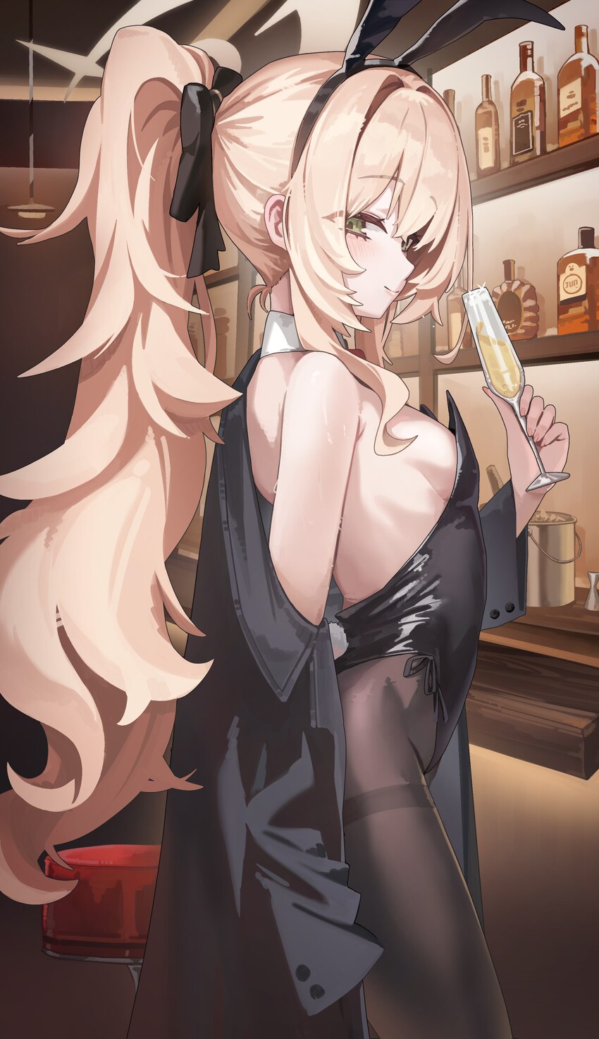 1girl absurdres alcohol alternate costume animal ear hairband animal ears black leotard black pantyhose blonde hair blue archive breasts champagne fl…