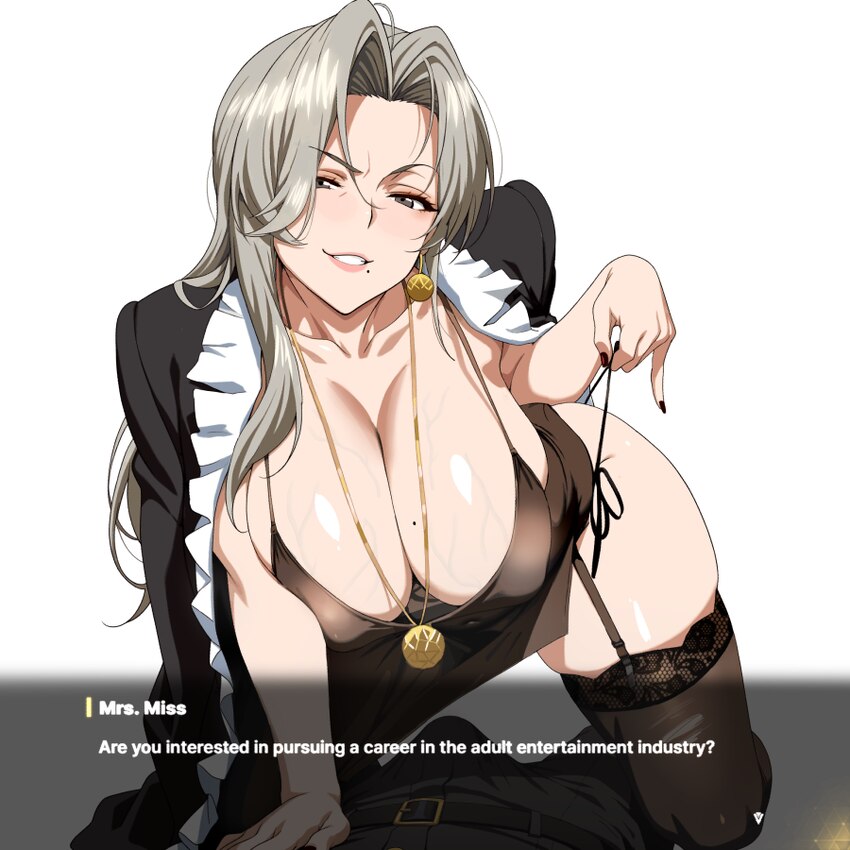 1boy 1girl all fours arm support black pants black thighhighs breasts brown dress bulge cleavage coat coat on shoulders commander (nikke) commentary …