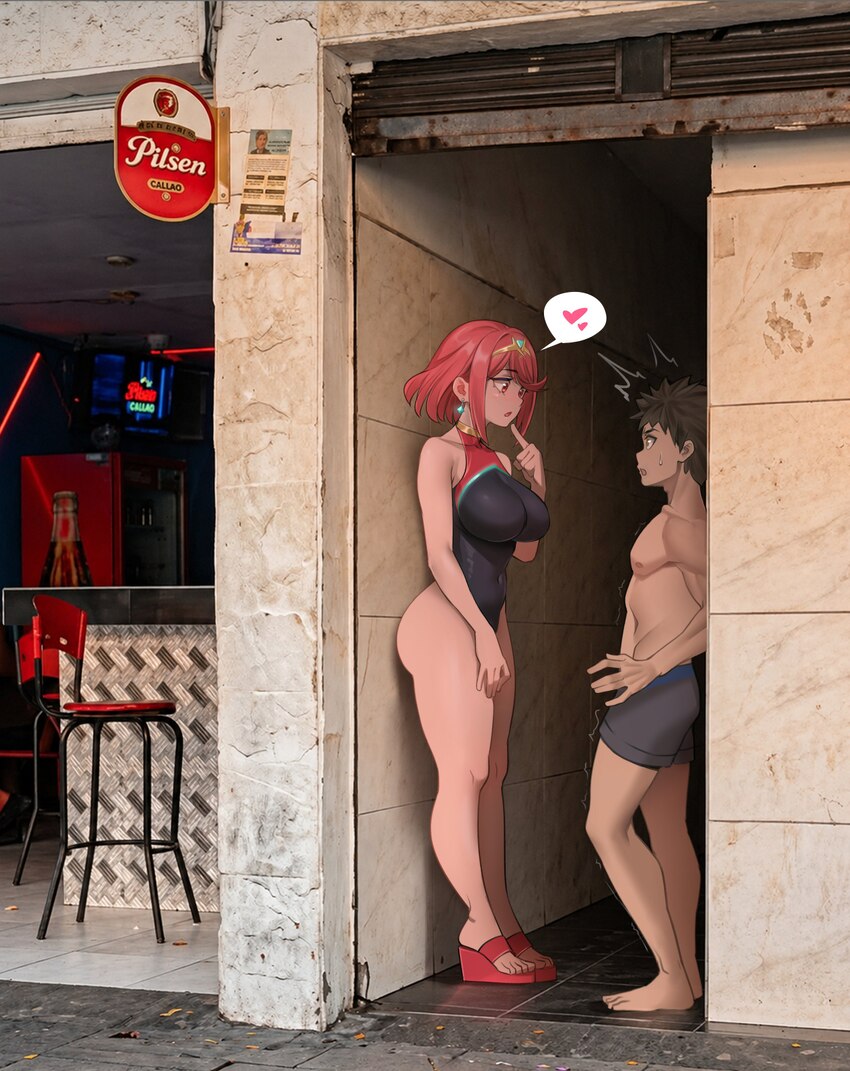 1boy 1girl absurdres achromaru alley bare legs barefoot black one-piece swimsuit breasts commentary curvy finger to mouth going to colombia for the f…