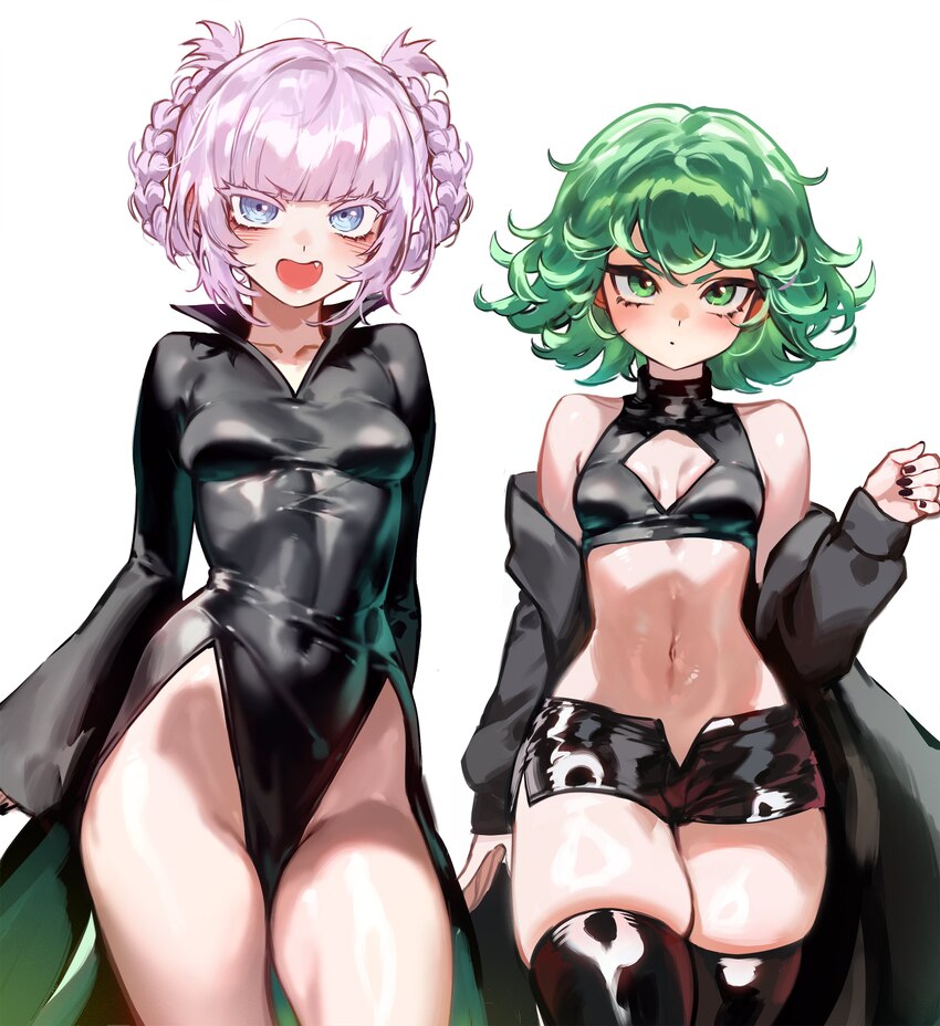 2girls absurdres black cloak black dress black shorts blue eyes blunt bangs braid braided hair rings breasts cloak commentary cosplay costume switch …