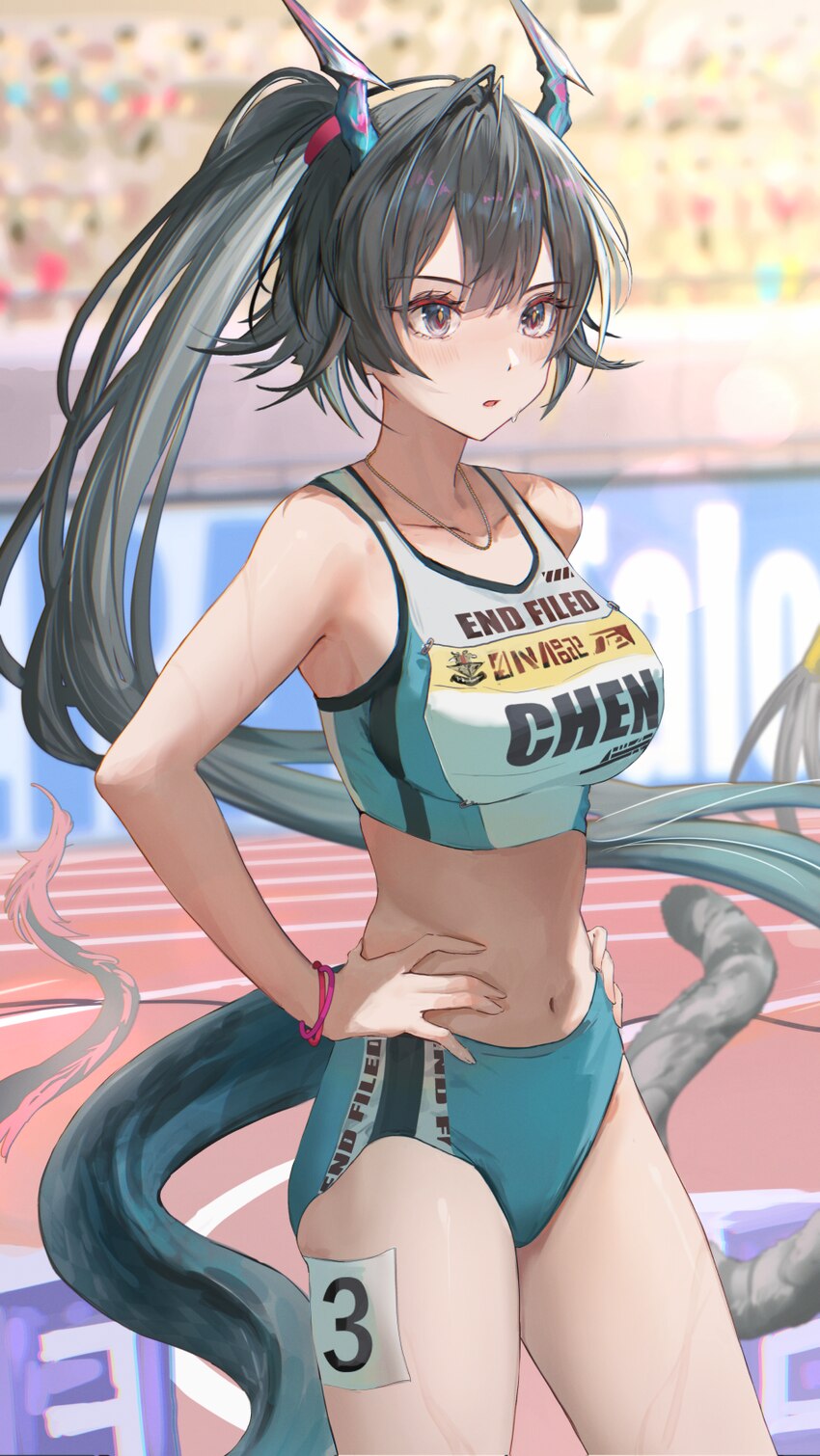 2girls alternate costume arknights arknights  endfield black hair blue buruma blue horns blue sports bra blue tail bracelet breasts buruma character …