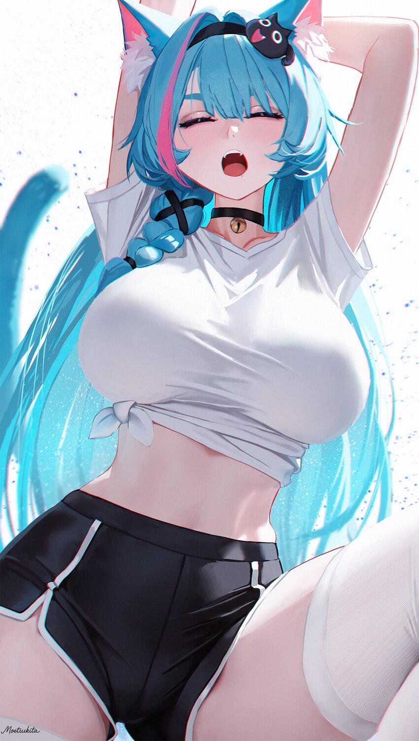 1girl absurdres alternate costume animal ear fluff animal ears aqua hair arms up black choker black shorts breasts cat ears cat girl cat tail choker …