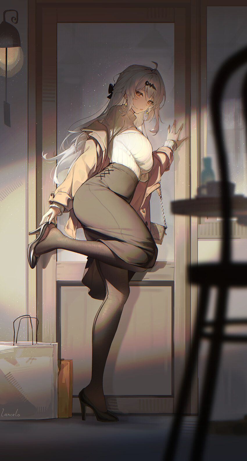1girl absurdres adjusting footwear ahoge alternate costume bag black pantyhose black shoes black skirt breasts brown coat brown jacket chinese commen…