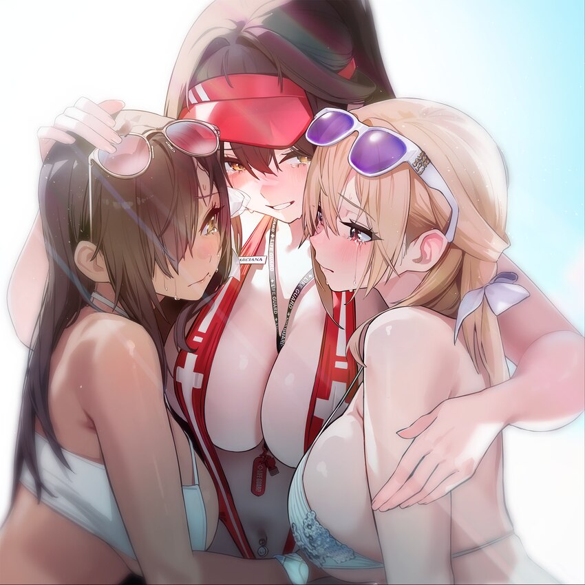3girls between breasts bikini blonde hair breasts brown eyes chela77 cleavage closed mouth crying full cleavage game asset goddess of victory  nikke …