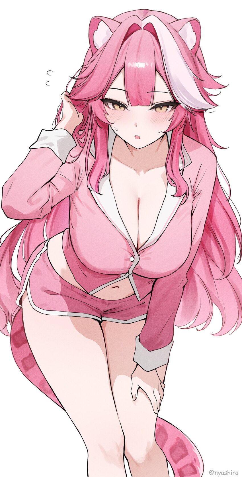 1girl absurdres animal ears blush breasts cleavage collarbone commentary flying sweatdrops hair intakes highres hololive hololive english large breas…