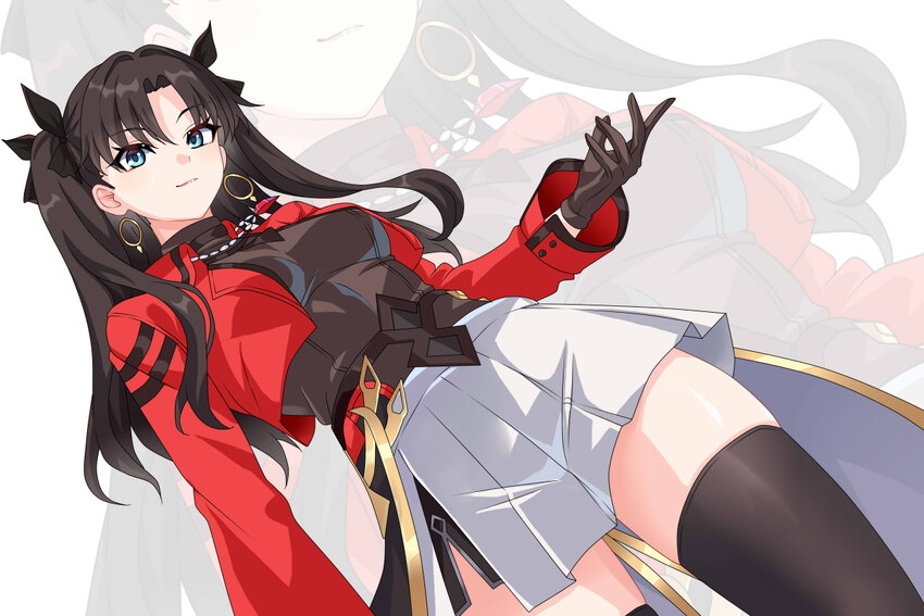 1girl black thighhighs blue eyes brown gloves brown hair brown shirt closed mouth commentary cropped jacket dutch angle earrings fate/stay night fate…