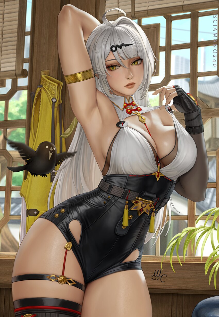 1girl arm behind head arm strap armpits artist name bird black gloves breasts cleavage closed mouth commentary crown dated english commentary fingerl…