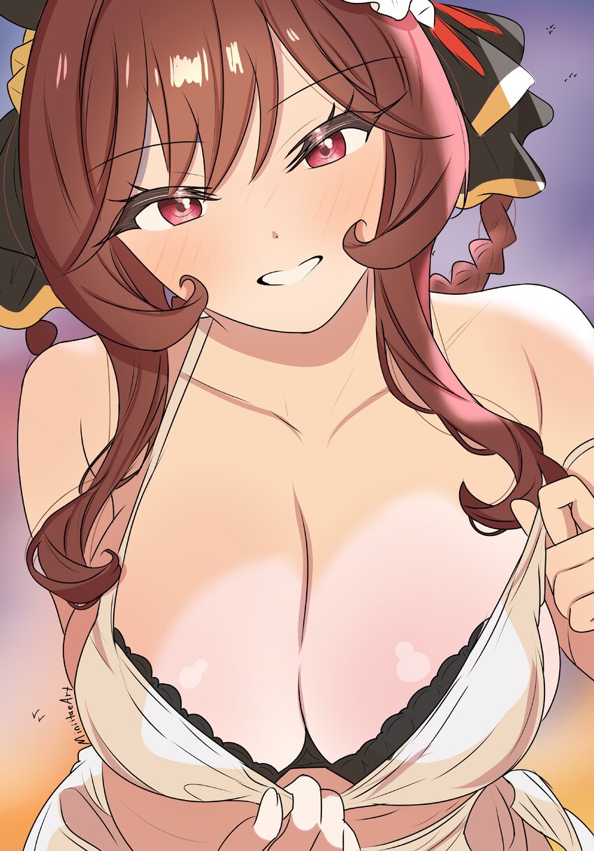 1girl absurdres animal ears artist name bikini breasts brown hair cleavage collarbone commentary gentildonna (umamusume) gradient background hair rib…