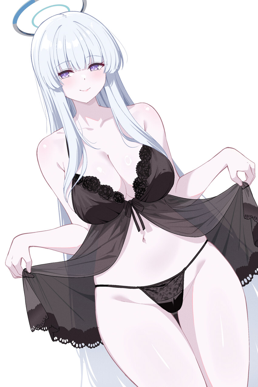 1girl absurdres babydoll black babydoll black panties blue archive breasts cleavage closed mouth collarbone commentary dutch angle groin halo highres…