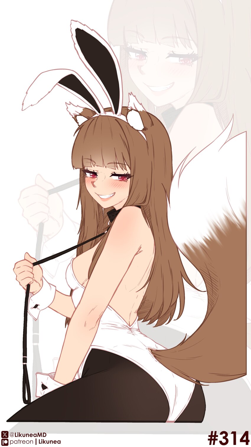 1girl absurdres alternate costume animal ear fluff animal ears ass bare back black pantyhose blunt bangs blush breasts brown hair clenched teeth comm…