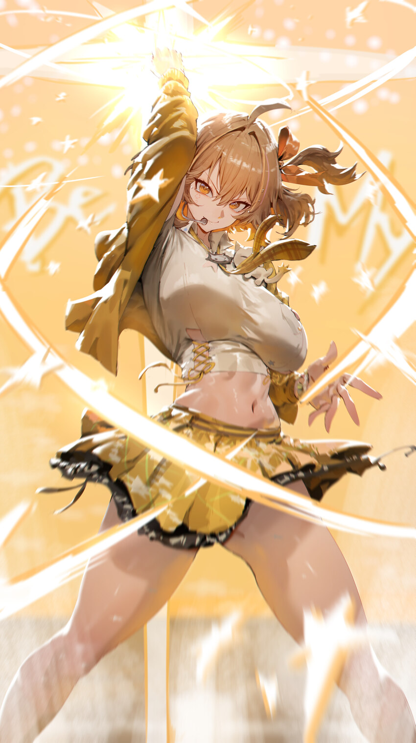1girl absurdres anis (nikke) anis (star) (t.t. star) (nikke) arm up breasts brown hair closed mouth commentary crop top cropped shirt feet out of fra…