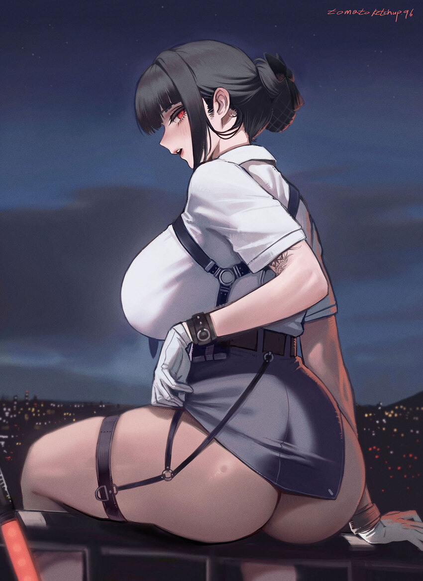 1girl arm tattoo ass belt black belt black hair blue skirt blush breasts cloud cloudy sky d (killer wife) (secret police) (nikke) d (nikke) gloves go…