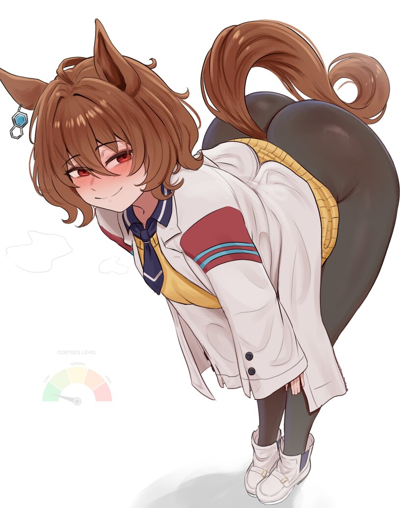 1girl absurdres agnes tachyon (tach-nology) (umamusume) agnes tachyon (umamusume) ahoge animal ears ass bent over black pantyhose blush brikot brown …