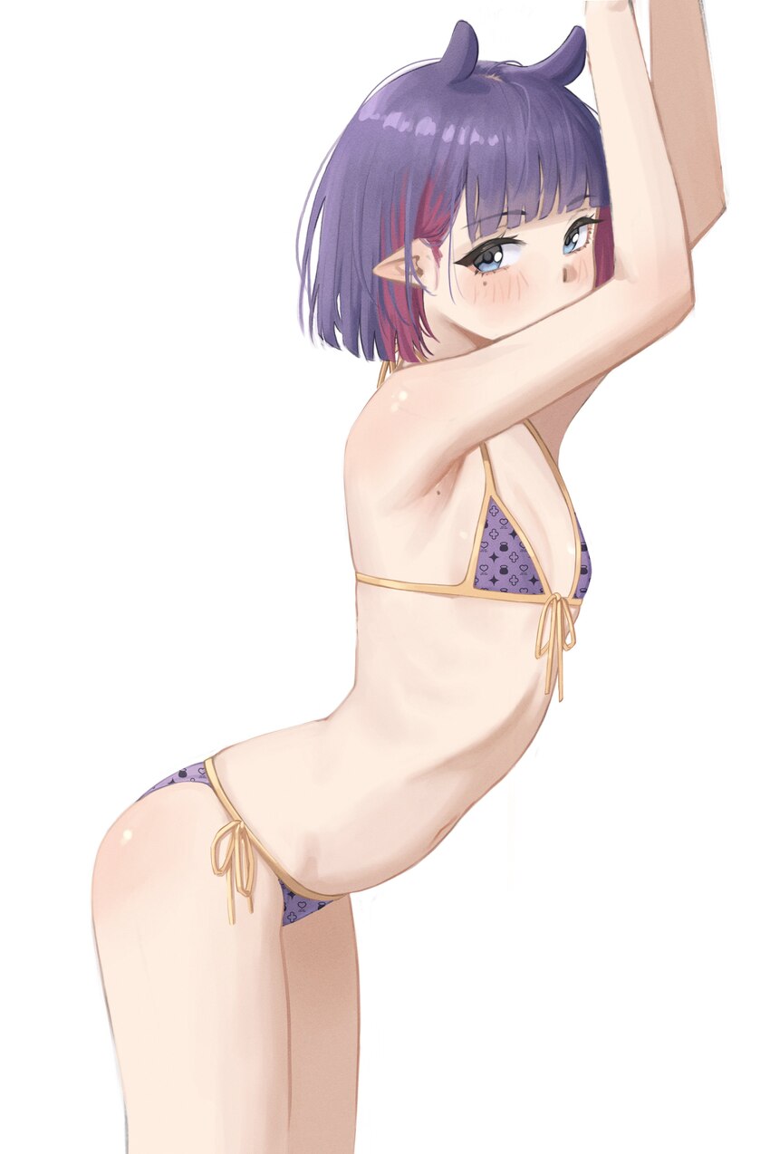 1girl absurdres armpits arms up bikini blue eyes blunt bangs bob cut colored inner hair flat chest from side front-tie bikini top front-tie top halte…