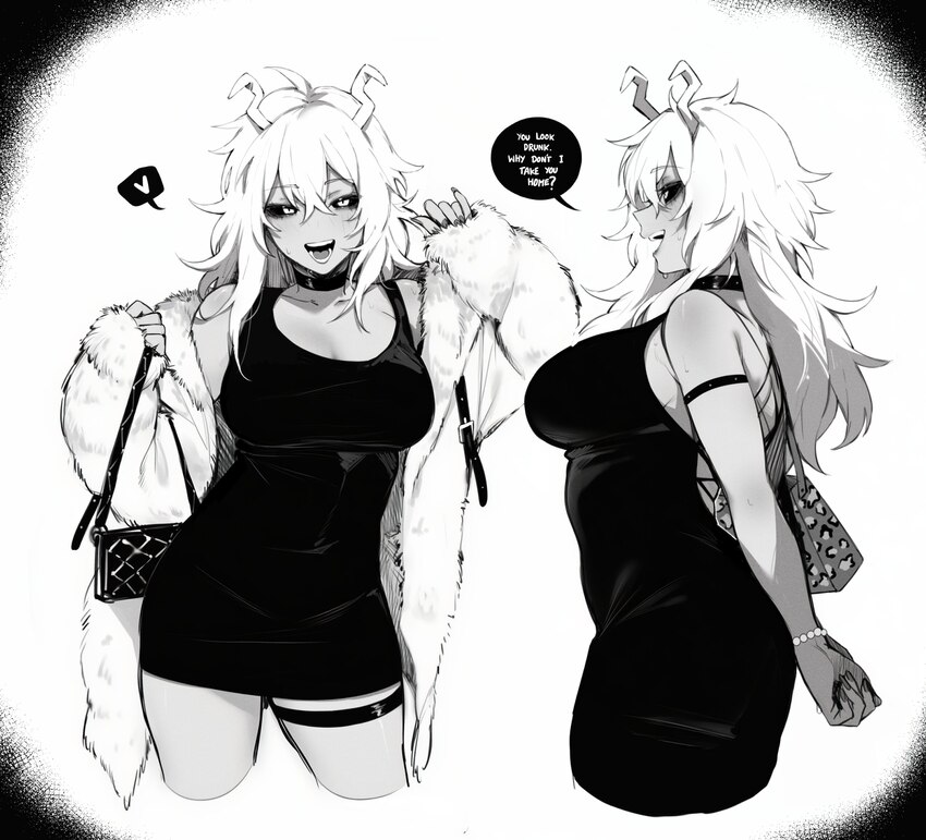 1girl absurdres ashido mina bag boku no hero academia breasts coat dress english text fur coat greyscale hair between eyes handbag heart highres horn…