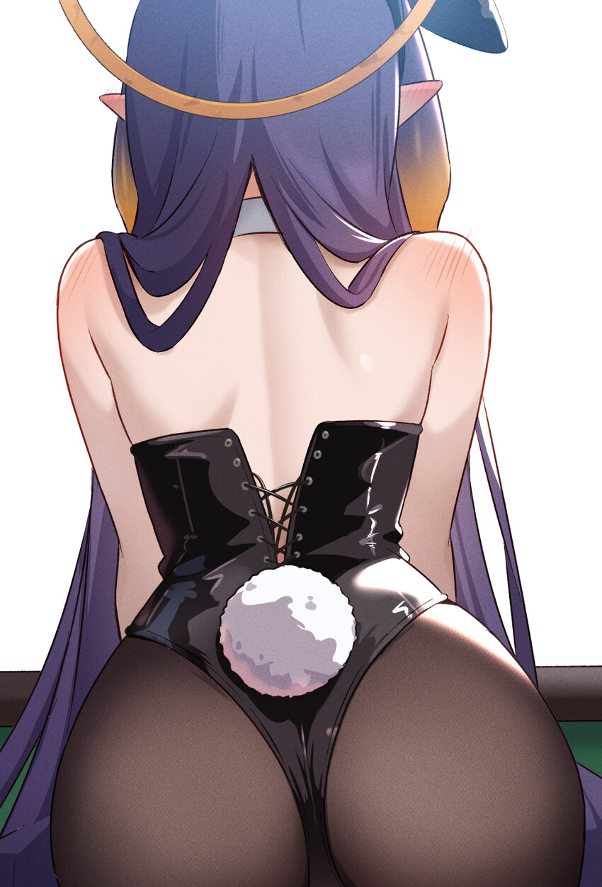 1girl alternate costume animal ears ass bare shoulders black leotard blush brown pantyhose chahanramen commentary ear blush english commentary fake a…
