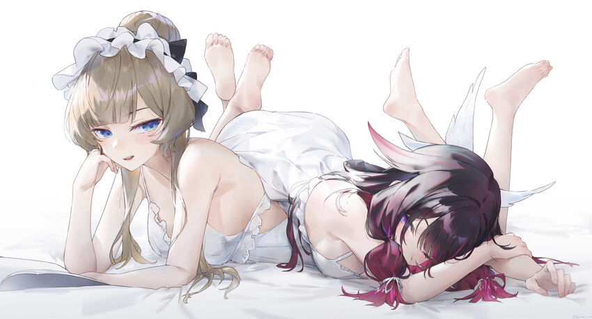 2girls absurdres alternate costume arm support bare shoulders barefoot black hair blue eyes breasts chinese commentary columbina (genshin impact) com…