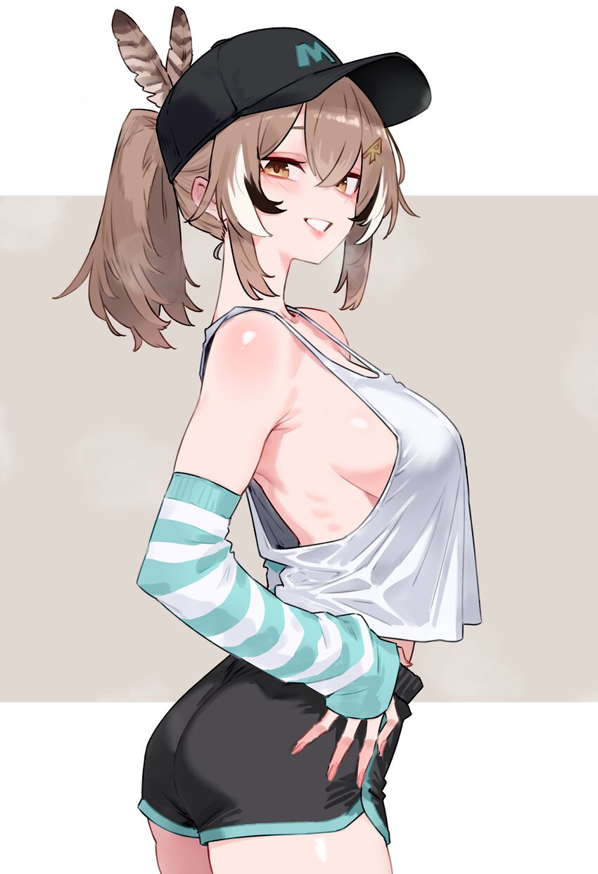 1girl  d absurdres ahoge arm warmers baseball cap black hat black shorts black streaks blue arm warmers bluefield breasts brown eyes brown hair comme…