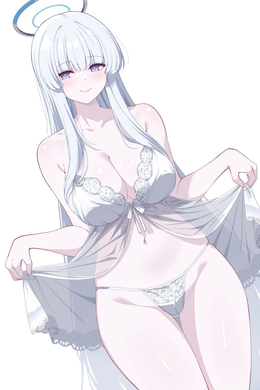1girl absurdres babydoll blue archive breasts cleavage closed mouth collarbone commentary dutch angle groin halo highres large breasts lingerie long …