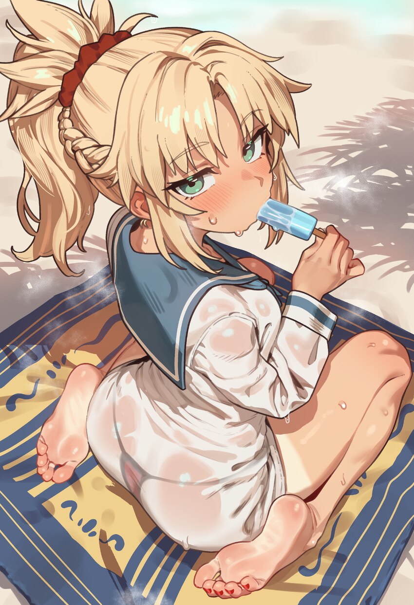 1girl absurdres ass barefoot beach mat bikini bikini under clothes blonde hair blue sailor collar blush braid breasts eating ebora fate/grand order f…