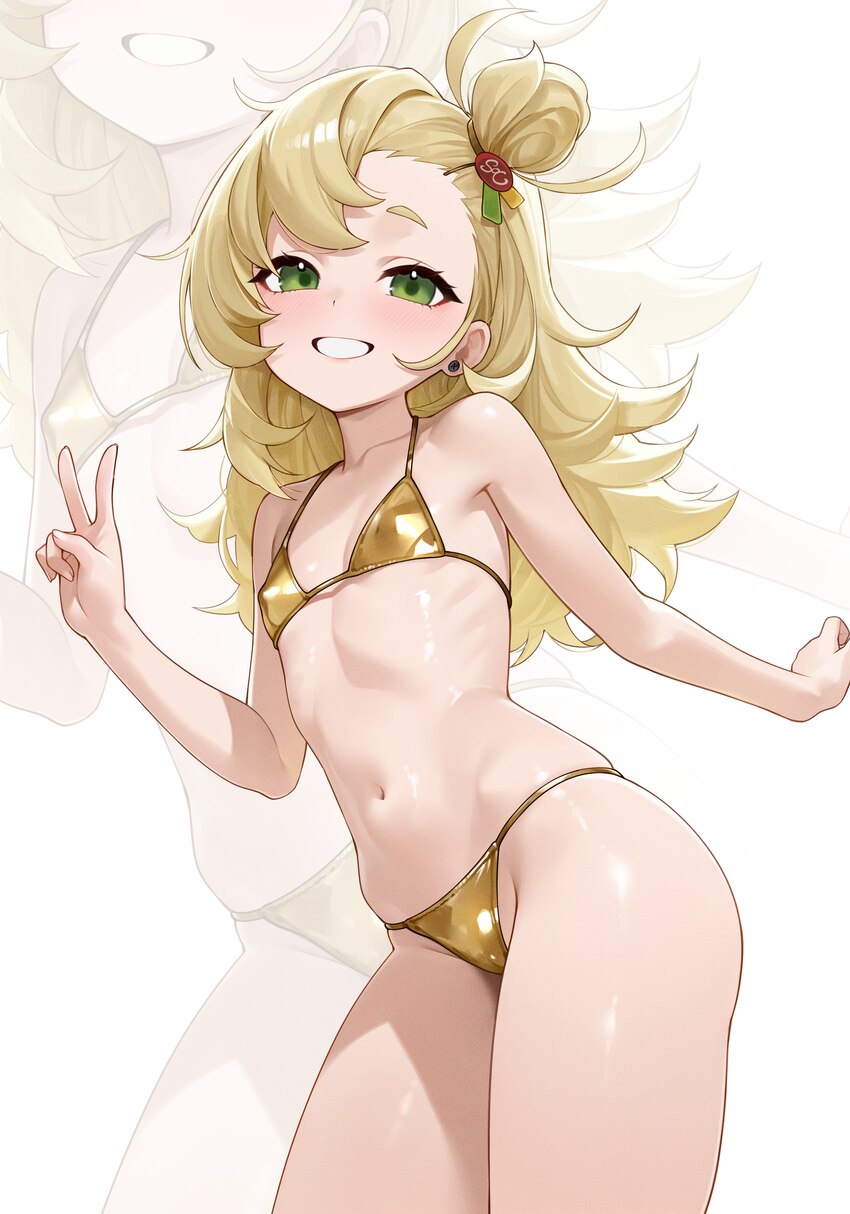 1girl  d absurdres alternate costume bare arms bare shoulders bikini blonde hair blush breasts gold bikini golden week green eyes grin groin halterne…