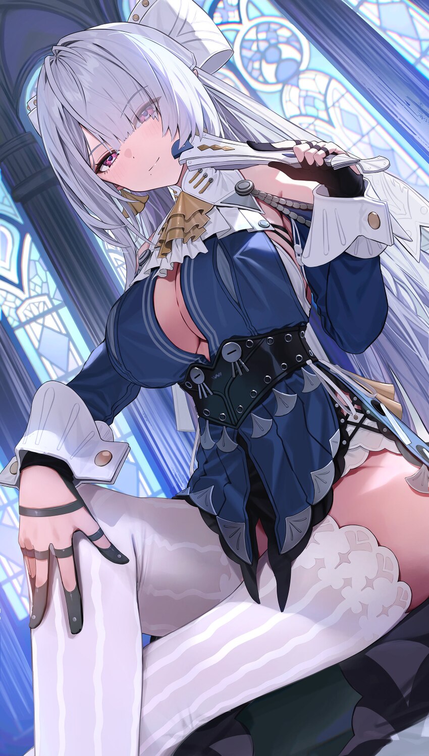 1girl absurdres black gloves blue dress breasts cleavage closed mouth commentary crossed legs dress english commentary eyes visible through hair fold…