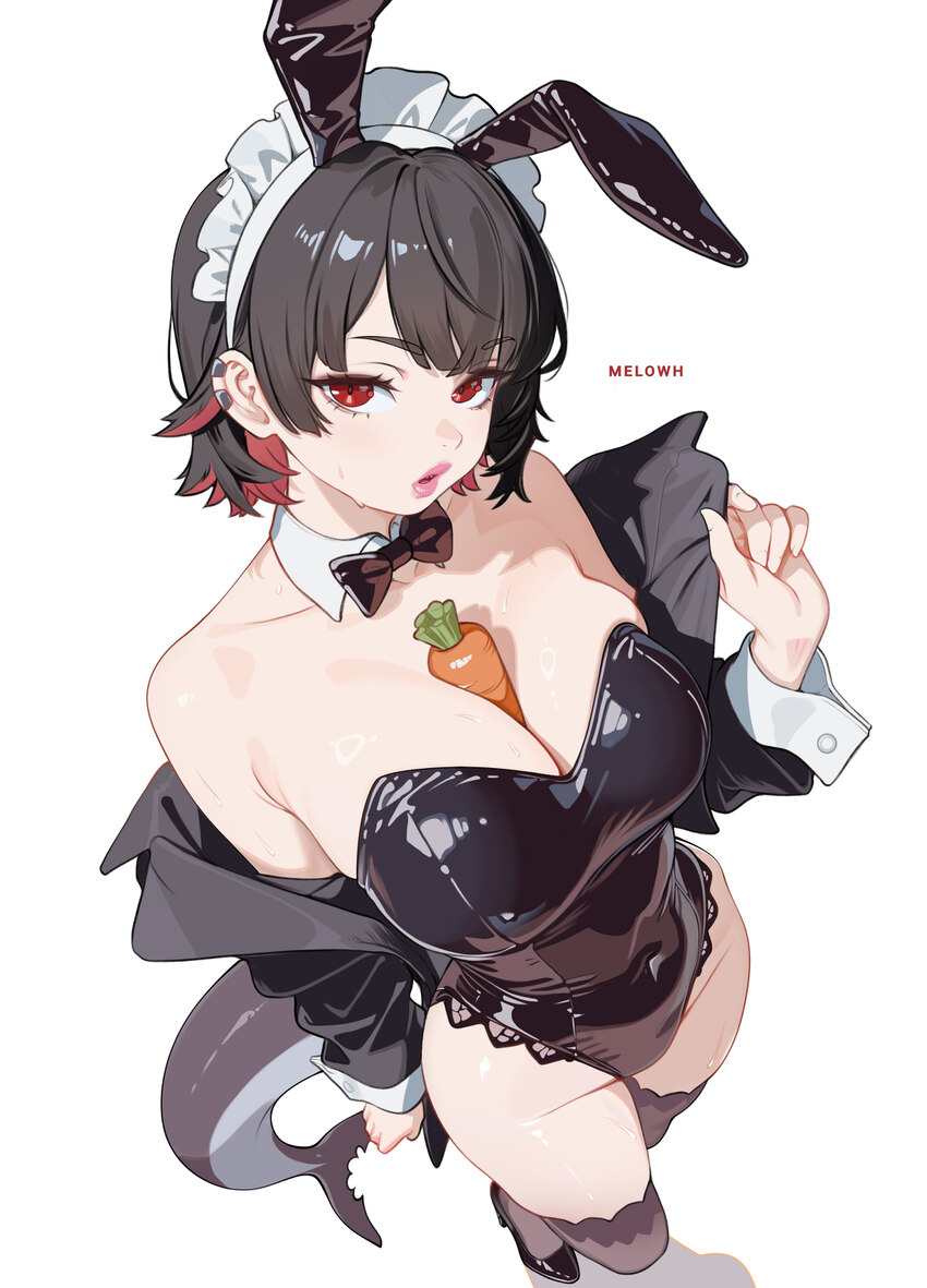 1girl absurdres alternate costume animal ear hairband animal ears artist name bare shoulders between breasts black bow black bowtie black hair black …