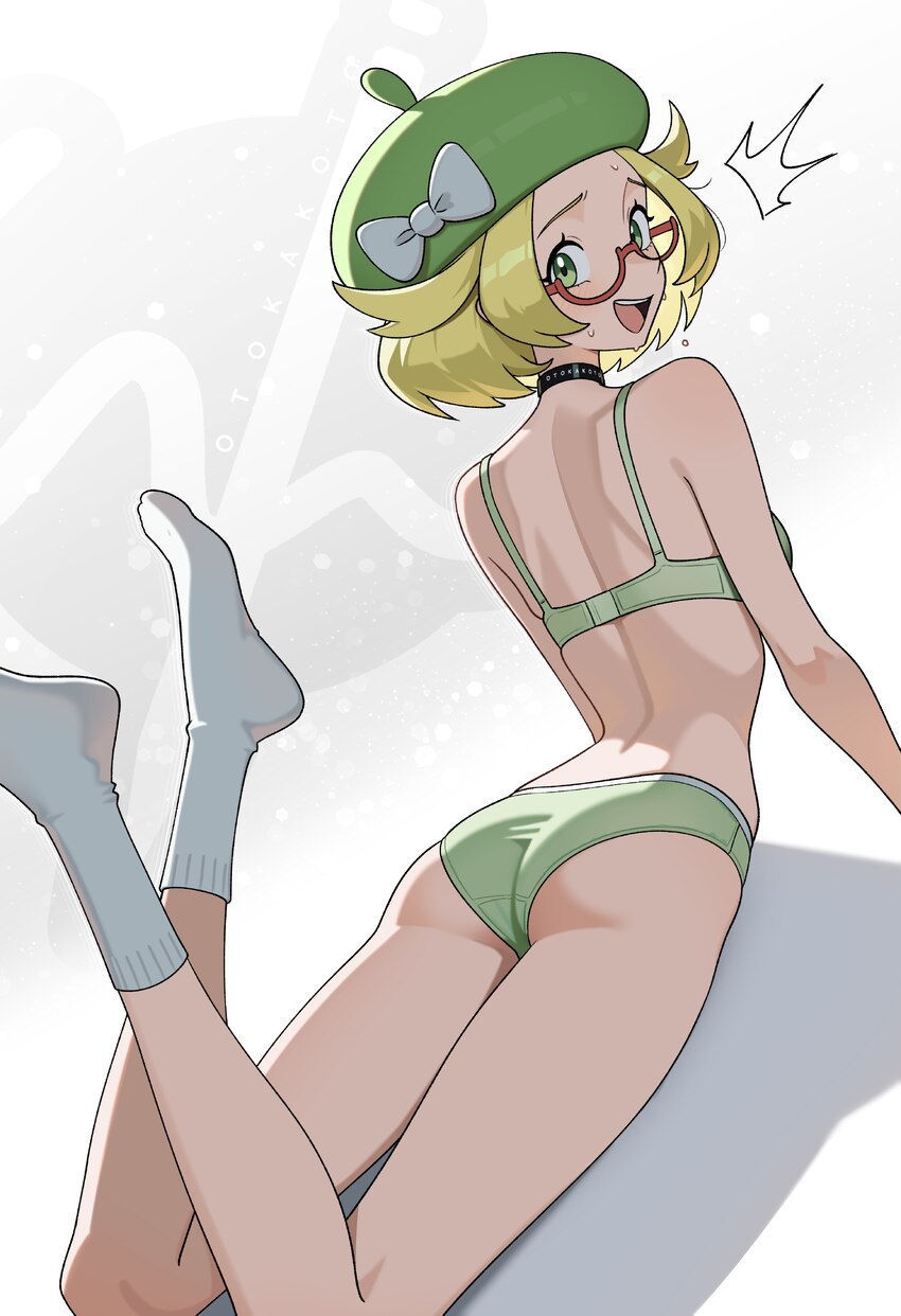 1girl absurdres artist name ass beret bianca (pokemon) blonde hair bra breasts commentary crotch seam english commentary from behind glasses gradient…