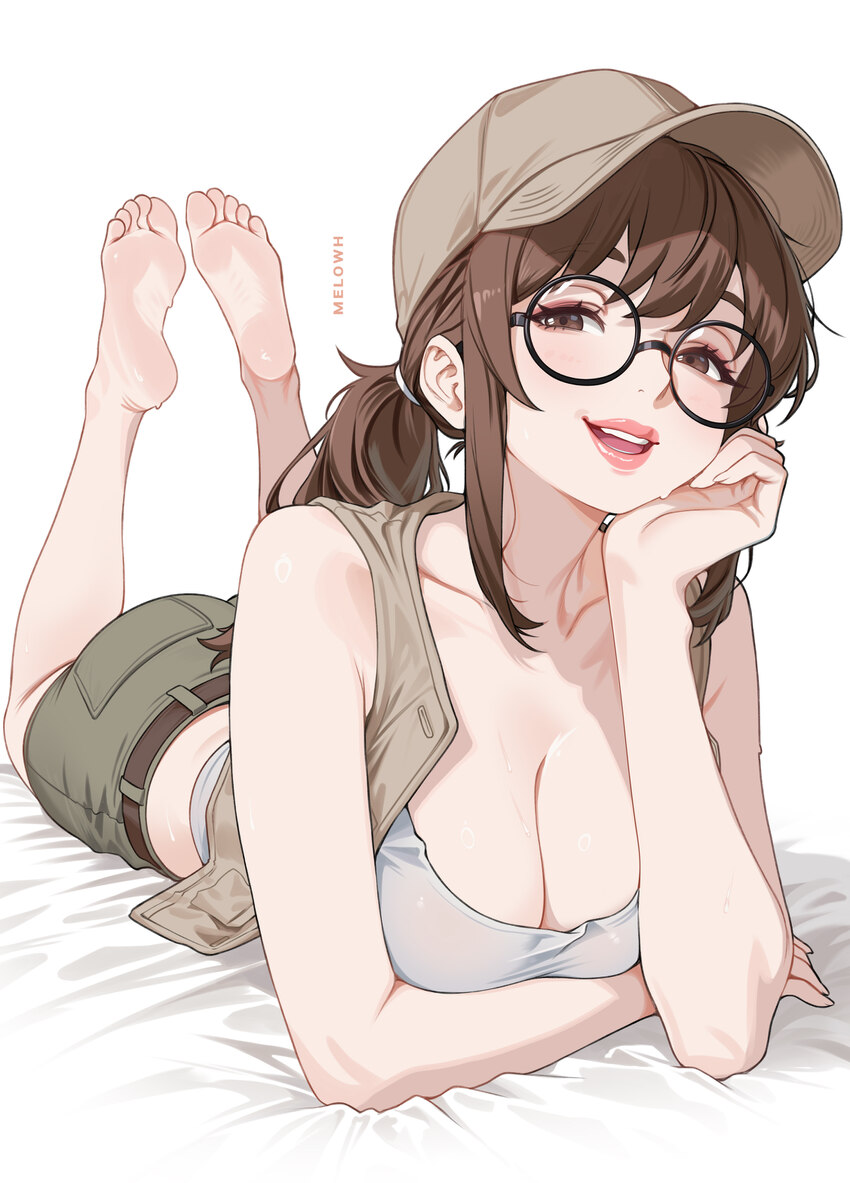 1girl absurdres artist name barefoot bed sheet breasts brown eyes brown hair brown hat brown shorts brown vest cleavage commentary crop top feet feet…