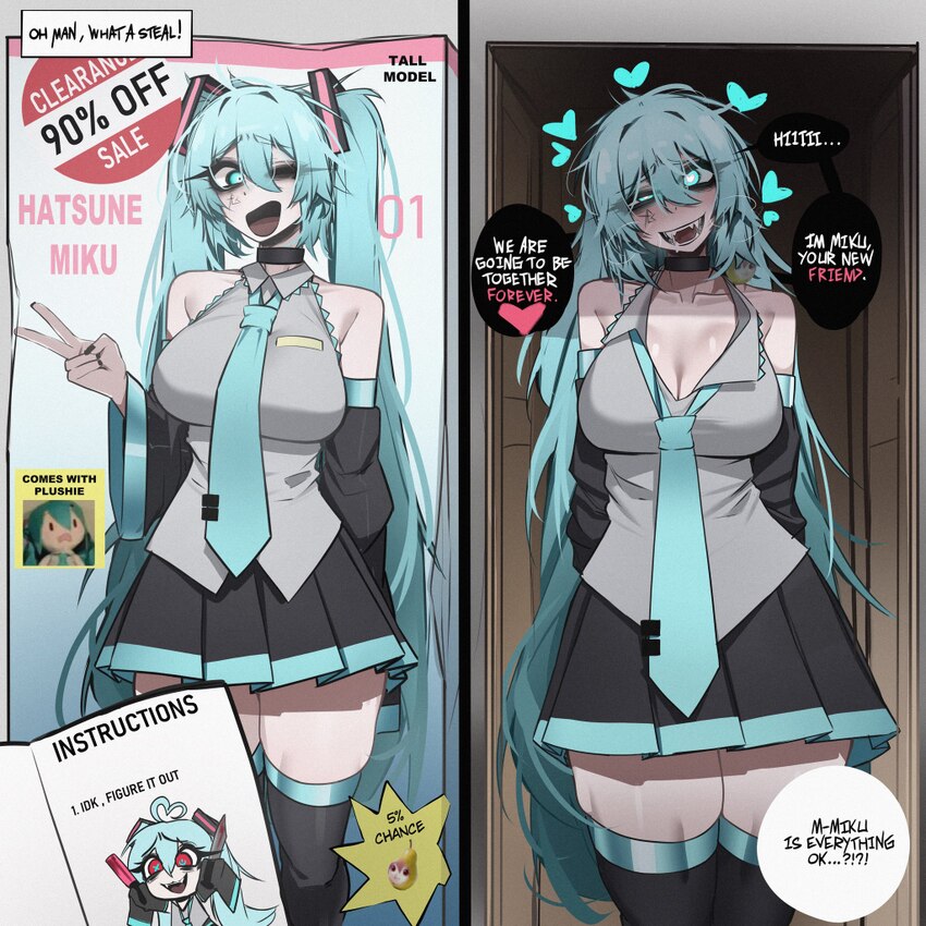 1girl ace glitch black thighhighs blue eyes blue hair breasts cleavage commentary drooling english commentary fangs fuwapuchi hatsune miku highres la…