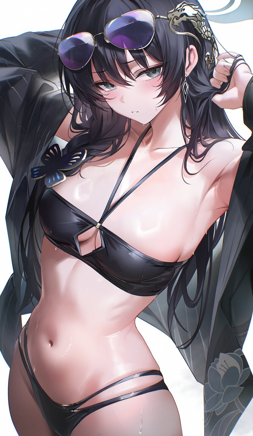 1girl aged up armpits arms up bikini black bikini black coat black hair blue archive blush breasts coat collarbone commentary eyewear on head grey ey…