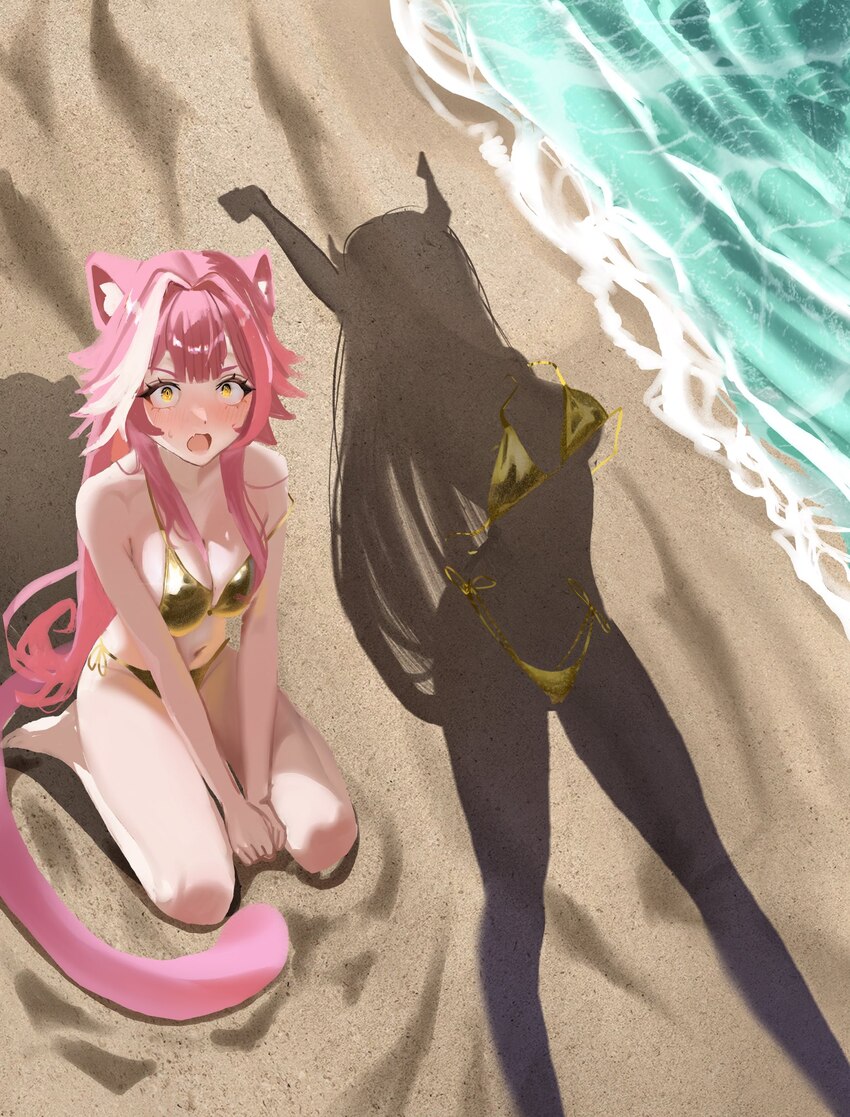 2girls animal ears bare shoulders barefoot beach bikini blush breasts commentary day dressed shadow (meme) english commentary fang full body gold bik…