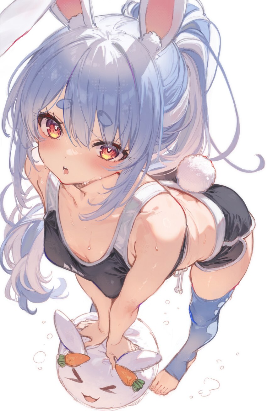 1girl absurdres animal ear fluff animal ears ass black shorts blue hair blue thighhighs blush breasts commentary dolphin shorts dripping dripping swe…