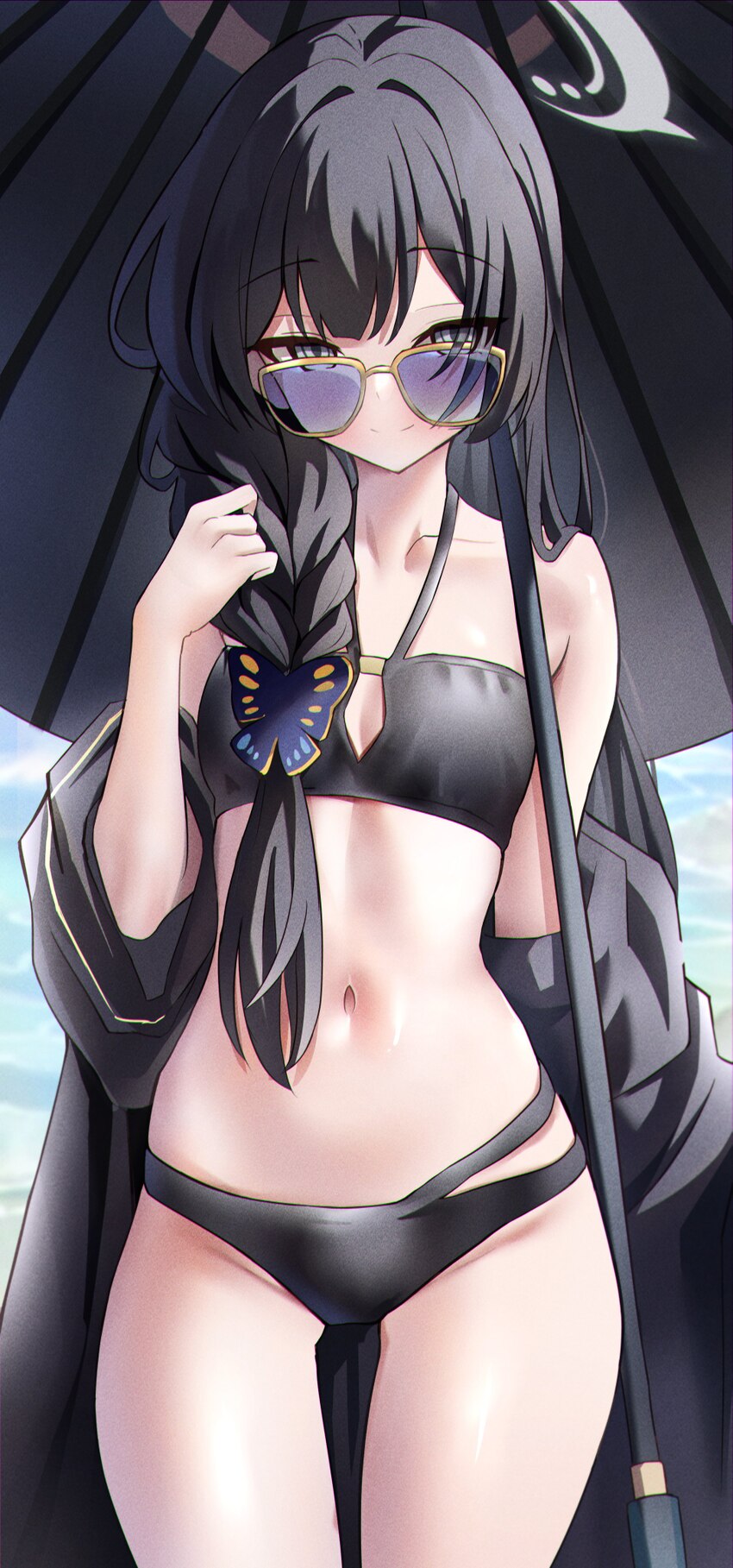 1girl absurdres bare shoulders bikini black bikini black hair black shirt blue archive blush braid braided ponytail breasts commentary grey eyes halo…