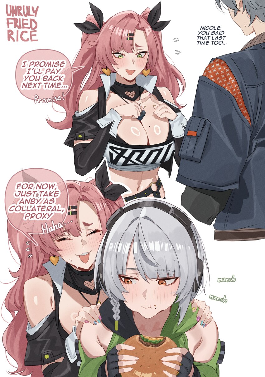 1boy 2girls absurdres anby demara artist name bare shoulders black gloves black ribbon blue jacket blush braid breasts burger cleavage closed eyes cl…