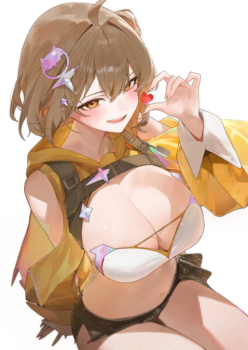 1girl absurdres ahoge anis (nikke) anis (star) (nikke) bandeau bare shoulders black shorts blurry blurry background blush breasts brown eyes brown ha…