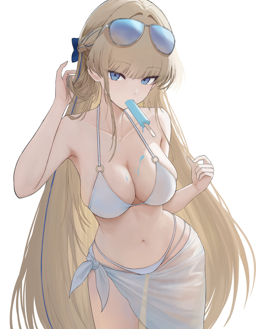 1girl absurdres alc.3vol alternate costume bare shoulders bikini blonde hair blue archive blue bow blue eyes blue hair bow braid breasts commentary c…